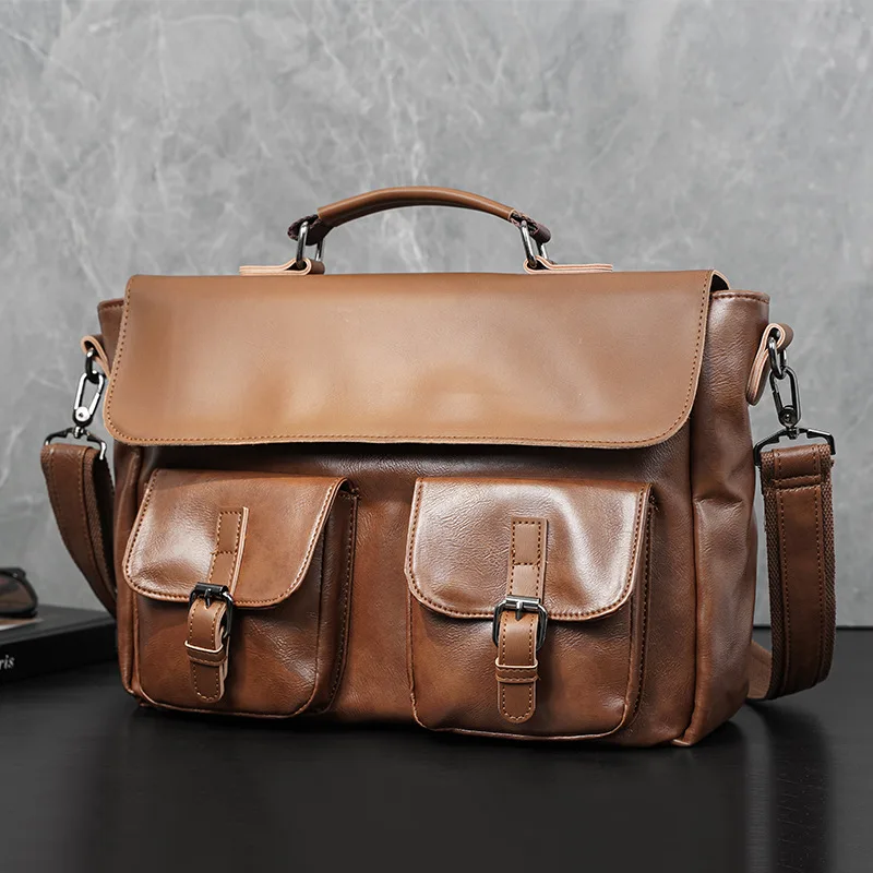 

Vintage Men's Leather Briefcase Retro Style Soft PU Crossbody Shoulder Handbag Business Office Travel Messenger Flap Bag men bag