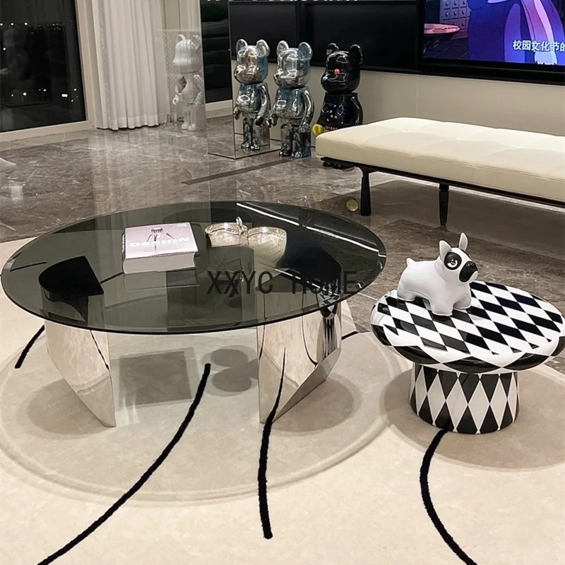 

zqItalian Minimalist round Coffee Table Stainless Steel Glass Tea Table