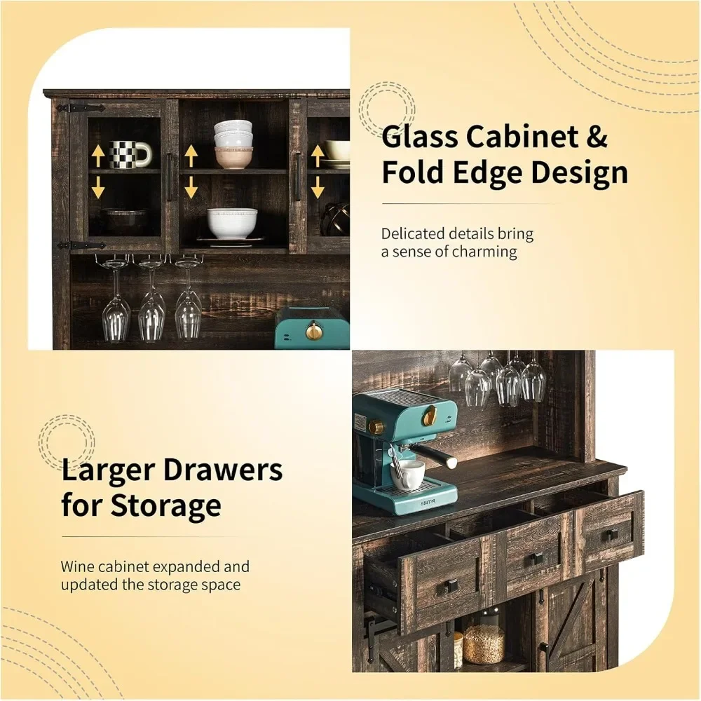 72" Coffee Bar Wine Cabinet with Sliding Barn Door & LED Lights, Sideboard Buffet Cabinet with Wine Bottle Rack, 3 Drawers