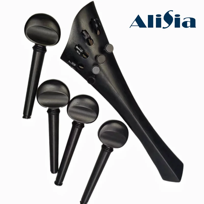 Ebony Wood Cello Tailpiece and Pegs New Model Cello Accessories Parts Tail piece with Gut Finetuners