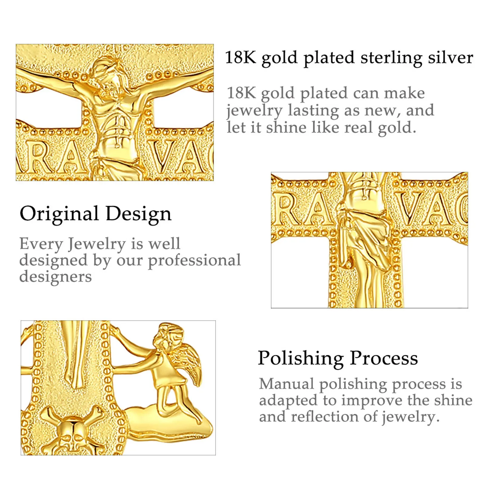 Eudora 925 Sterling Silber Caravaka Kreuz Jesus Halskette 18 Karat Gold Kreuz Cherub Schädel Anhänger Christliches Amulett Männer Frauen Schmuck – Detail 5