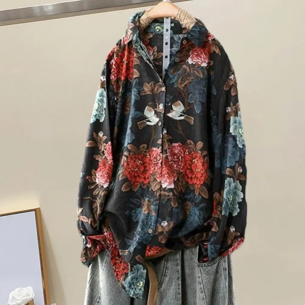 

Women Shirt Buttons Placket Shirt Top Retro Flower Pattern Loose Cardigan Shirt