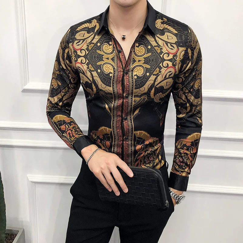 Autumn Men's Floral Shirt Long Sleeve Casual Shirt Fashion Rose Flower 3D Printed Turn-down Collar Slim Hawaii Shirt For Mens