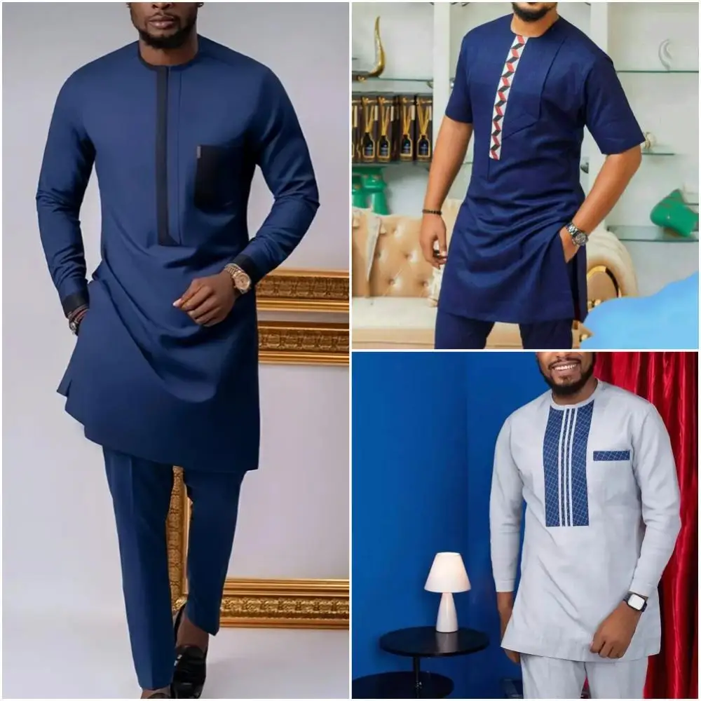 Man African Traditional Clothes Men's Suits Long-sleeved Tops Pants Dashiki Outfits Ethnic Casual 2PCS Sets Wedding Party Wear