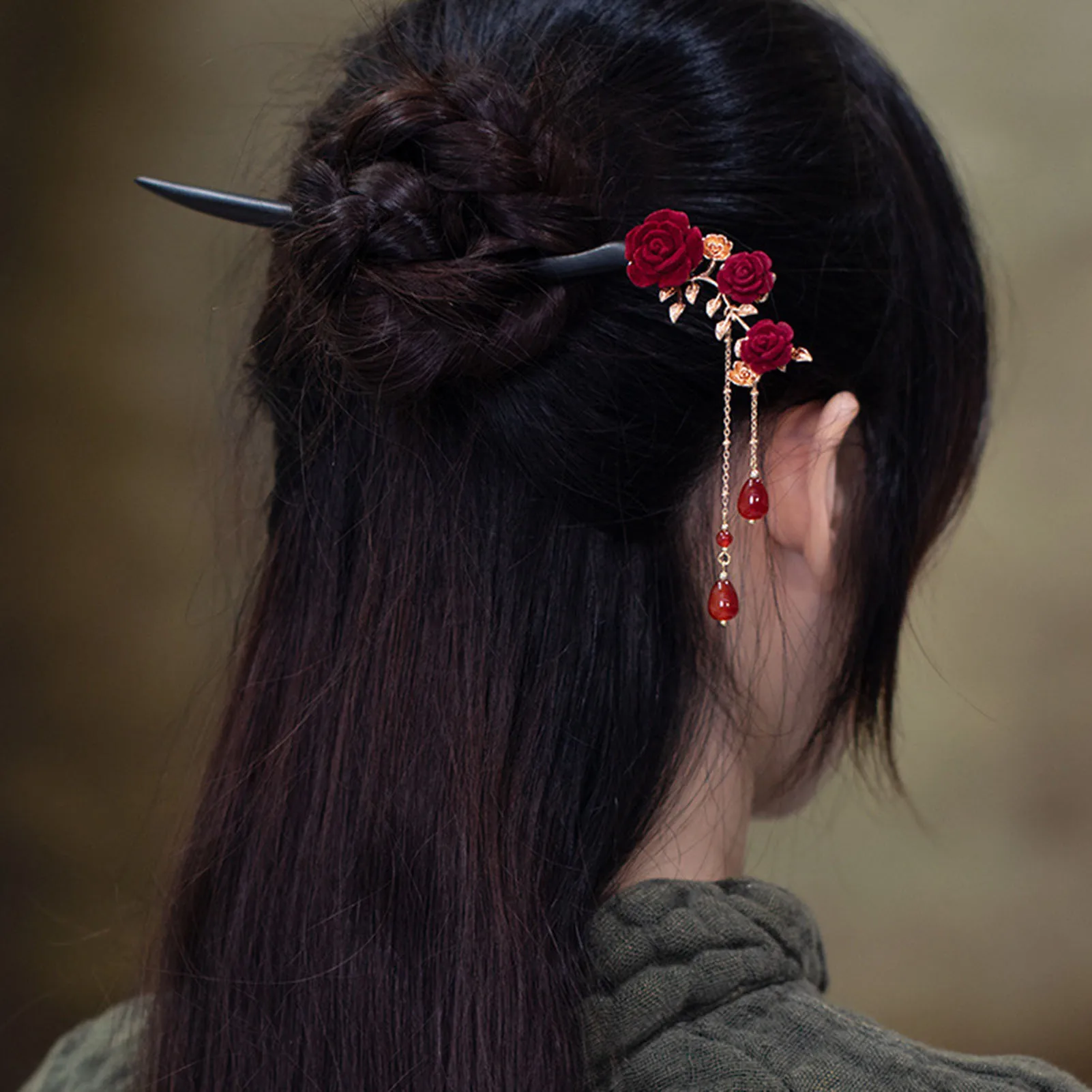 Rose Flower Hairpin Stick with Red Flower Dark Rose Hair Pin | Order Chinese Red Wood Hair Sticks  main image 4