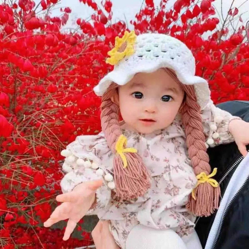 Pink Bow Wool Cap Handmade Knitted With Plaits Handmade Braided Earflap Girls Style Braided Design Crochet Hat Caps Photoshoot