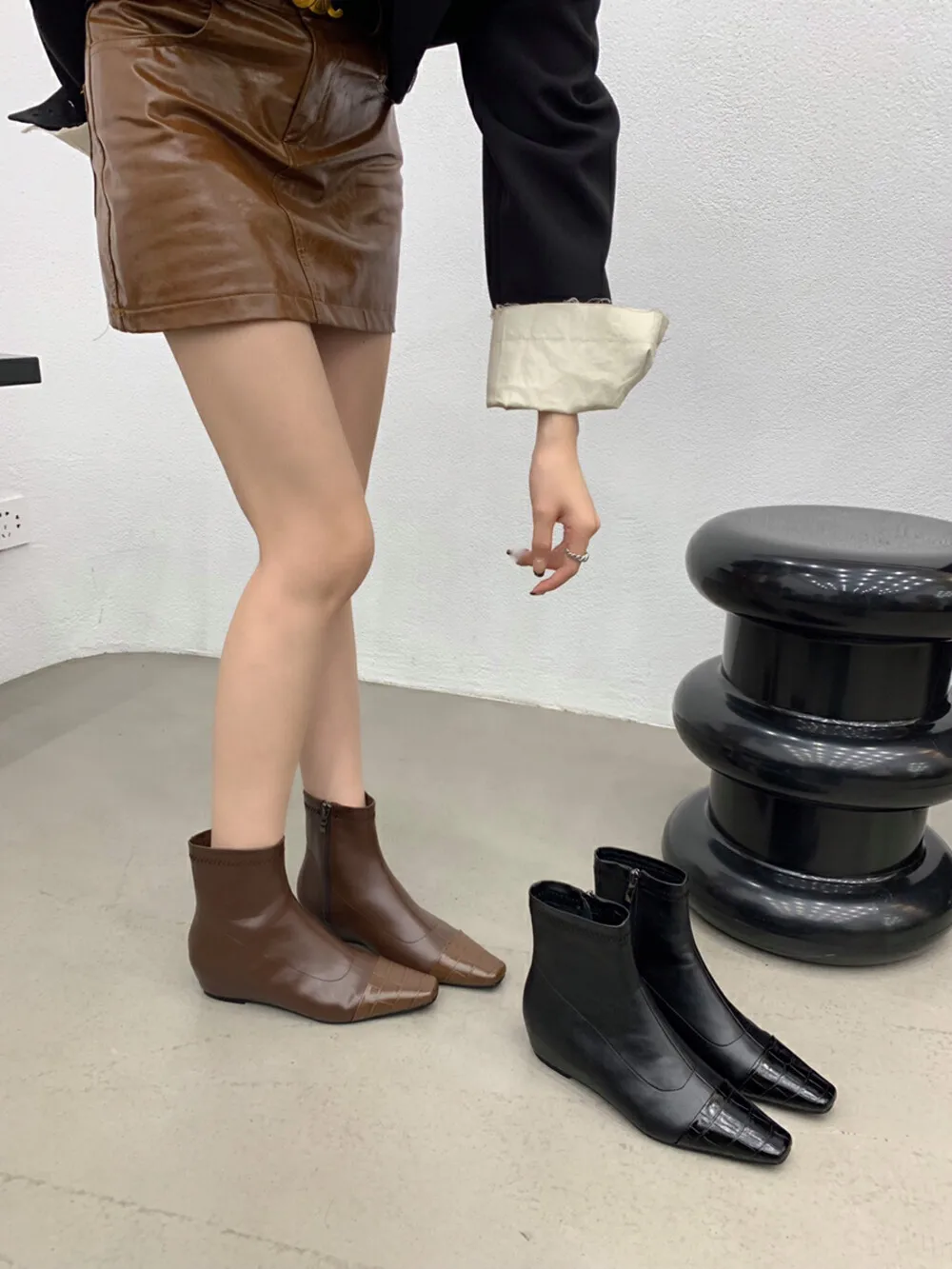 

Small Square To eWomen Ankle Boots Solid Color Black Brown Side Zipper Sock Stretch Booties Wedge Mid Heeled Autumn Dress Shoes