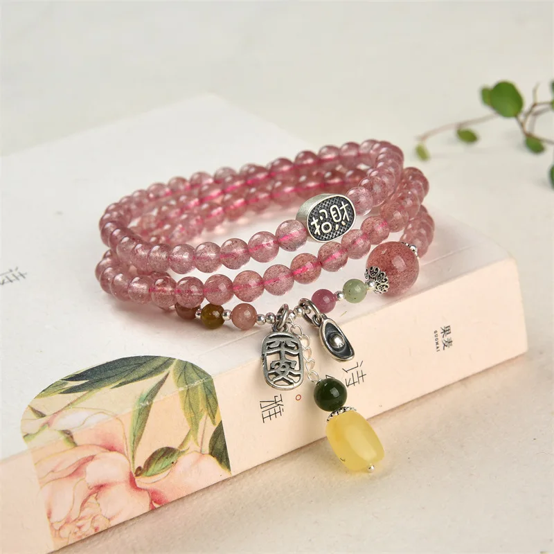 

L Strawberry Crystal Ping An Fortune Three-Circle Bracelet Female S925 Silver Accessories Beeswax Jasper High-Level Bracelet