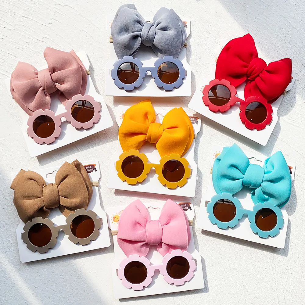 2/3Pcs/Set Cute Newborn Kids Bows Headband Fashion Sunglasses Children Protection Glasses Baby Hair Accessories Gifts Wholesale 3pcs set for kidsartificial flower hairpins sunglasses set girls vintage geometry protective glasses headwear hair accessories