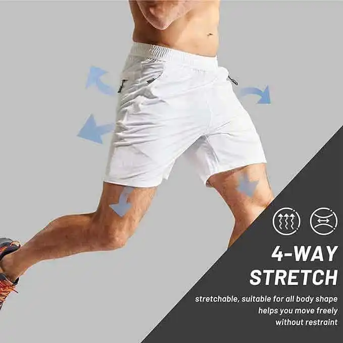 Men's shorts casual inner zipper zipper pocket elastic belt shorts cotton spandex shorts white 3
