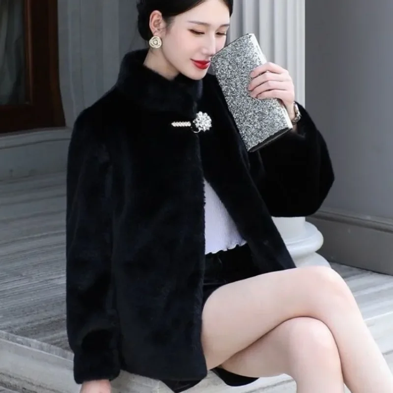 2023 New Women's Winter Imitation Mink Fur Coat Thickened Fashion Standing Neck Short Mink Fleece Small Fur Overcoat