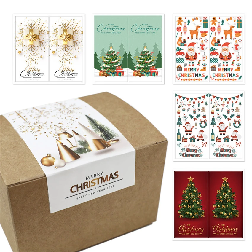 50Pcs Merry Christmas Stickers rectangle Thank You Card Gift Box Package Sealing Label Wedding Decor Santa Christmas tree label