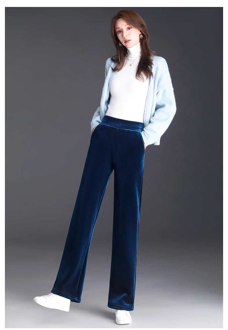 Korean style blue velvet wide leg pants for women in spring and autumn, high-end fashion, loose fit, plus size casual pants