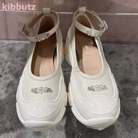 Crystal Ankle Strap Ballet Pump Sneaker Patchwork Round Toe Height Increasing Fashion Elegant Party Dress Sexy Women Shoes New 2