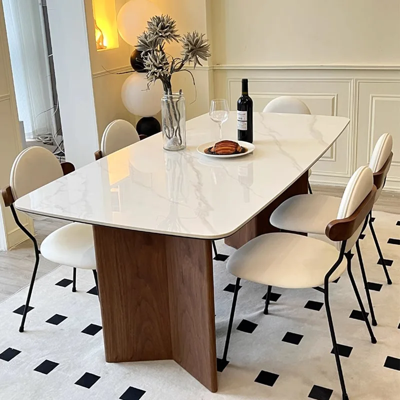 Solid wood rock board dining table and chair combination For small-sized rectangular modern minimalist Wabi Sabi style dining ta dining table chair combination