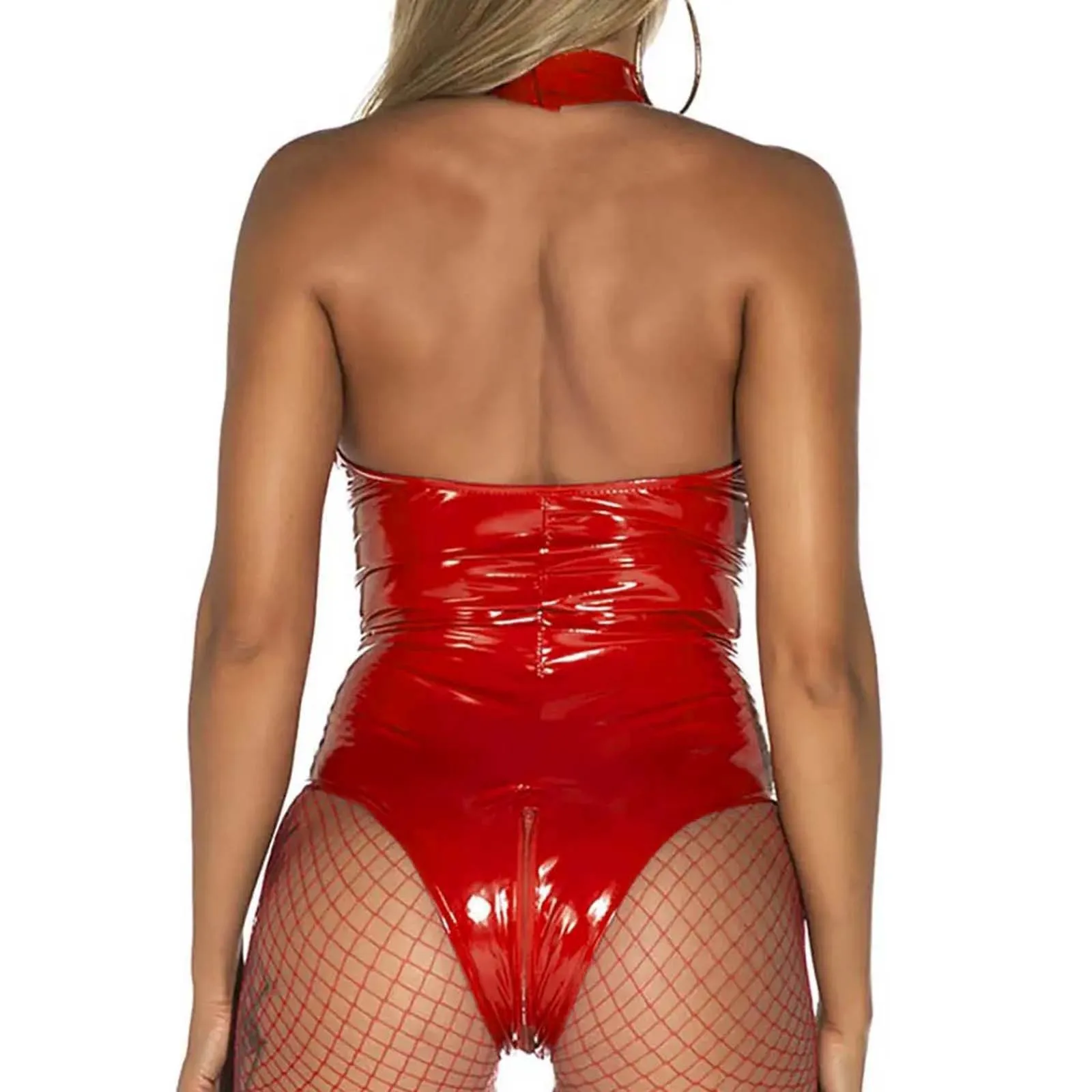 Women'S Tight Fitting Lingerie One Piece Mirror Pvc Leather Pu Lacquer Hang Neck Zipper Pants Exotic Costume Sexy Sleepwear