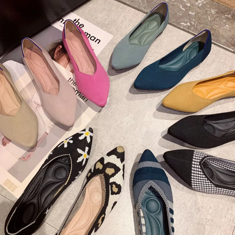 New Woman Flats Knit Pointed Shoes Women Shoes Ballet Shoes Mixed Color Shoes Zapatos De Mujer Large Size Ladies Loafers