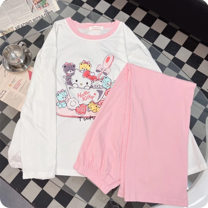 

Милая женская пижама Hello Kitty, ночная рубашка Sanrio на весну и осень, комплект с длинными рукавами и брюками, милая повседневная домашняя одежда для девочек с героями мультфильмов