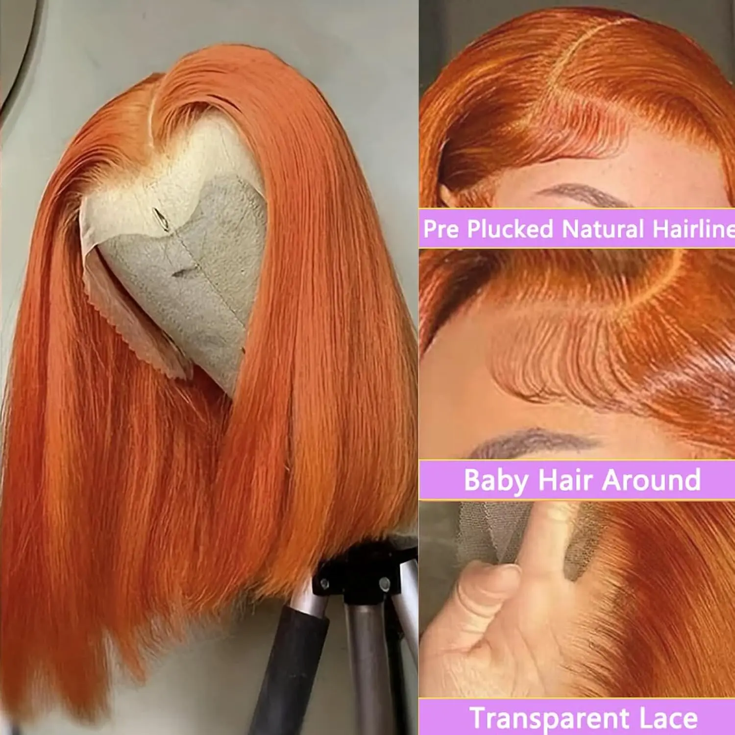 18 Inch 250% Density Ginger Bob Lace Front Wig Human Hair 13x4 Orange HD Lace Closure Human Hair Wig Pre Plucked with Baby Hair