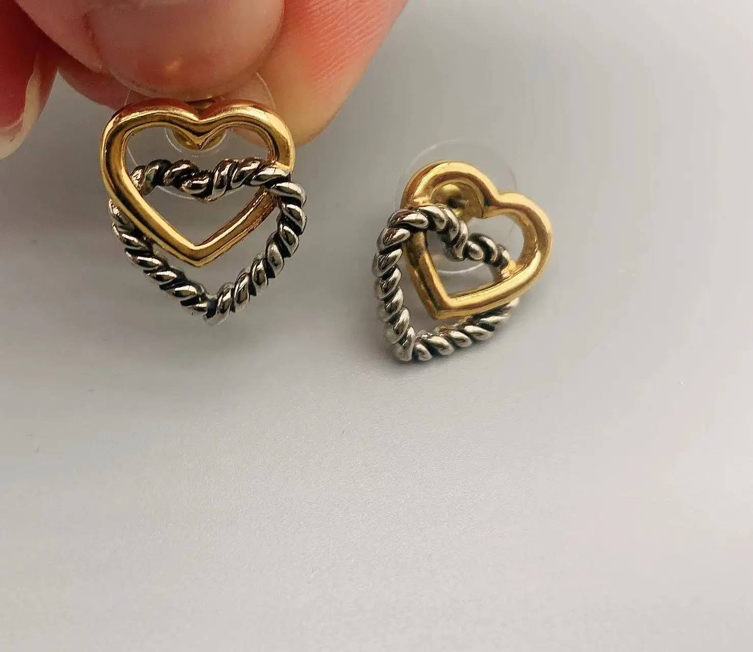 Le Han Jewelry Petite Silver And 18k Gold Plated Double Heart  Earrings