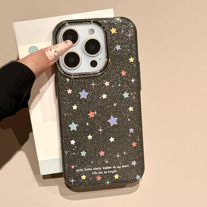 Fashion Colorful Stars Bling Glitter Back Phone Case For iPhone 16 Pro Max 15 13 14 Shockproof Cover Shell