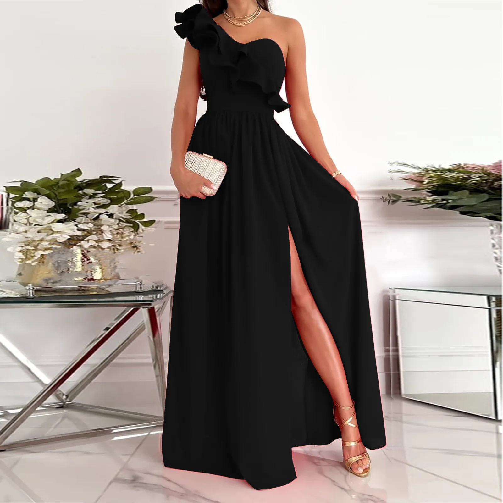 

Womens Boho Dresses One Shoulder Casual Sleeveless Flowy Side Split Lace Up Ruffed Maxi Dress Beach Long Party Dress Vestidos