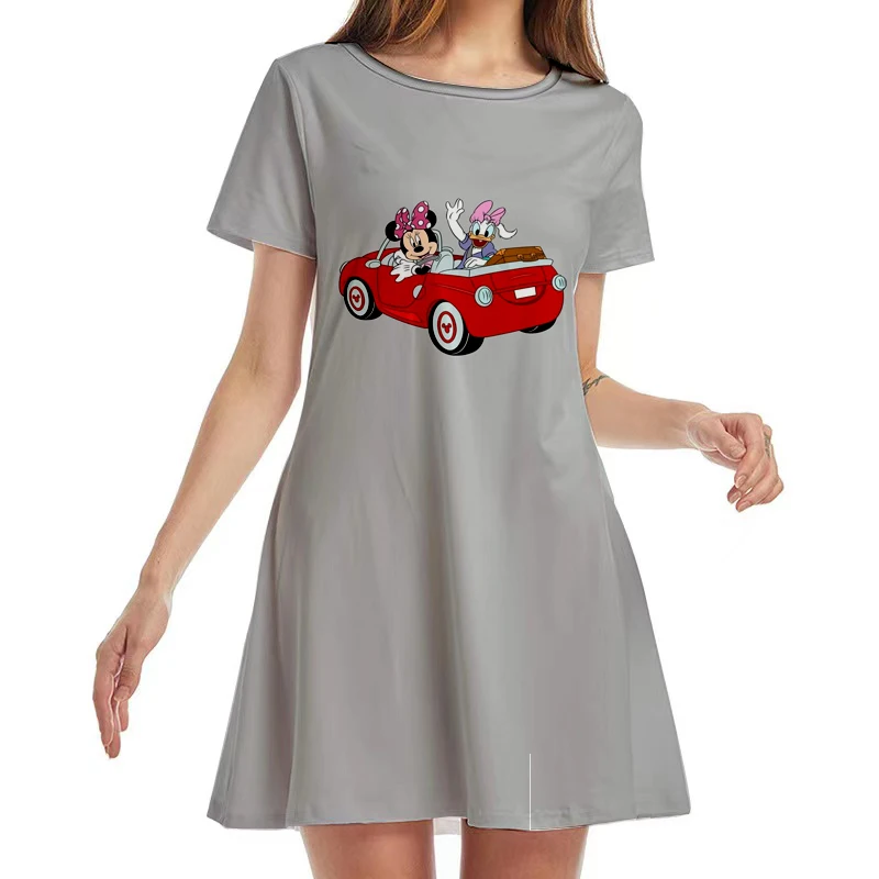 2022 Summer Crew Neck Short Sleeve Women's New Disney Brand Cute Mickey and Minnie Anime 3D Printed Knee Length Dress