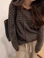 Vintage Knitted Hoodie Women's Loose Fit Soft Cozy Autumn Winter Outerwear Korean Sle Long Sve Stripe Patterned Sweater ... - Image 5