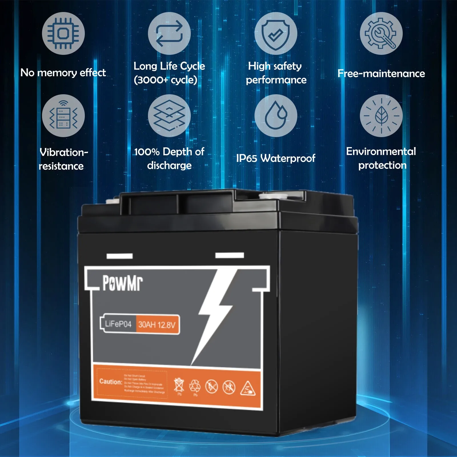 PowMr 30AH LiFePO4 Battery 12V Lithium Iron Phosphate Batteries BMS 3000 Cycle Battery Pack Waterproof Car RV Camping Power Bank 6