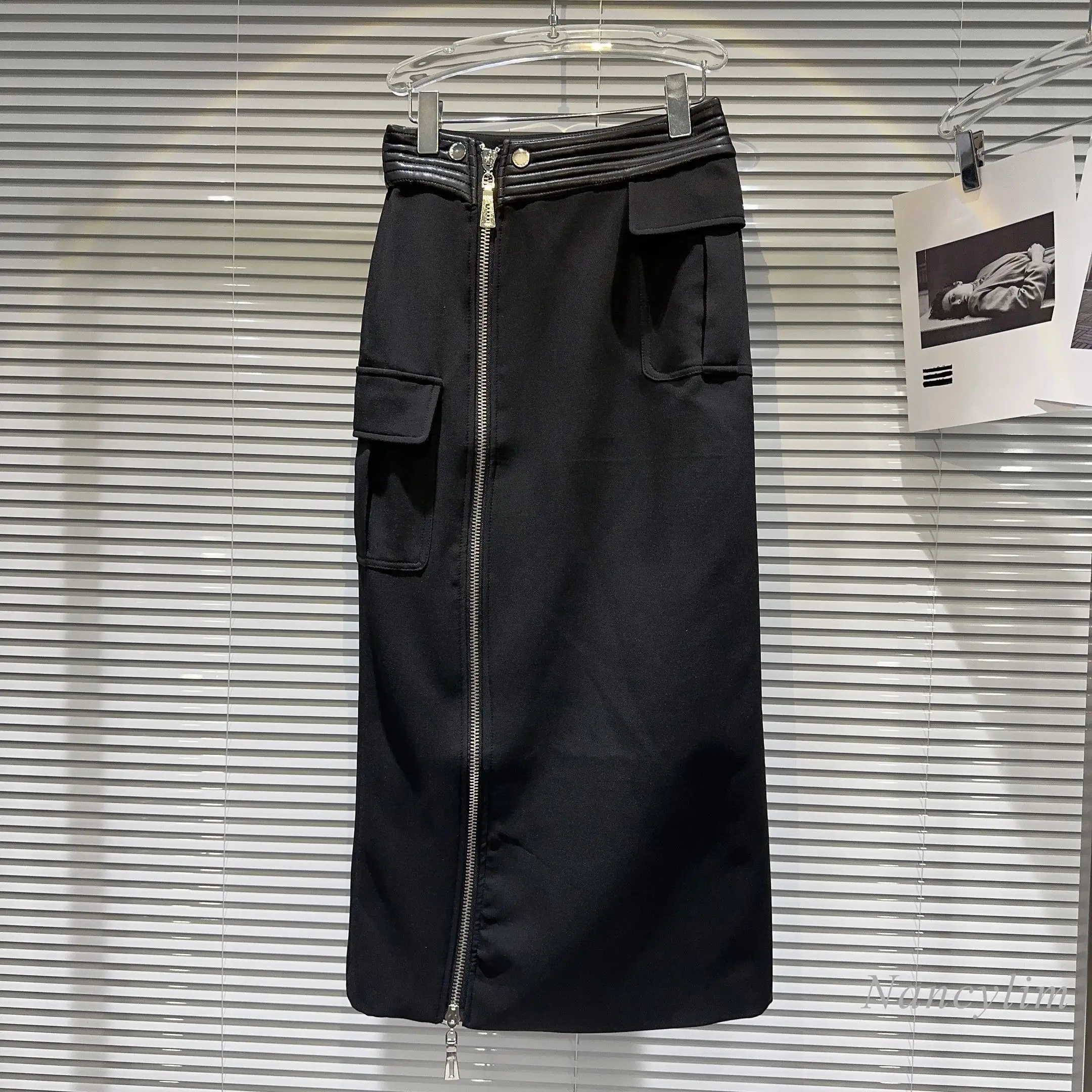 2023 Autumn New Leather Waist Patchwork Zipper Mid-Length H Skirt for Women Hip Skirts One-Step Skirt Faldas White Black
