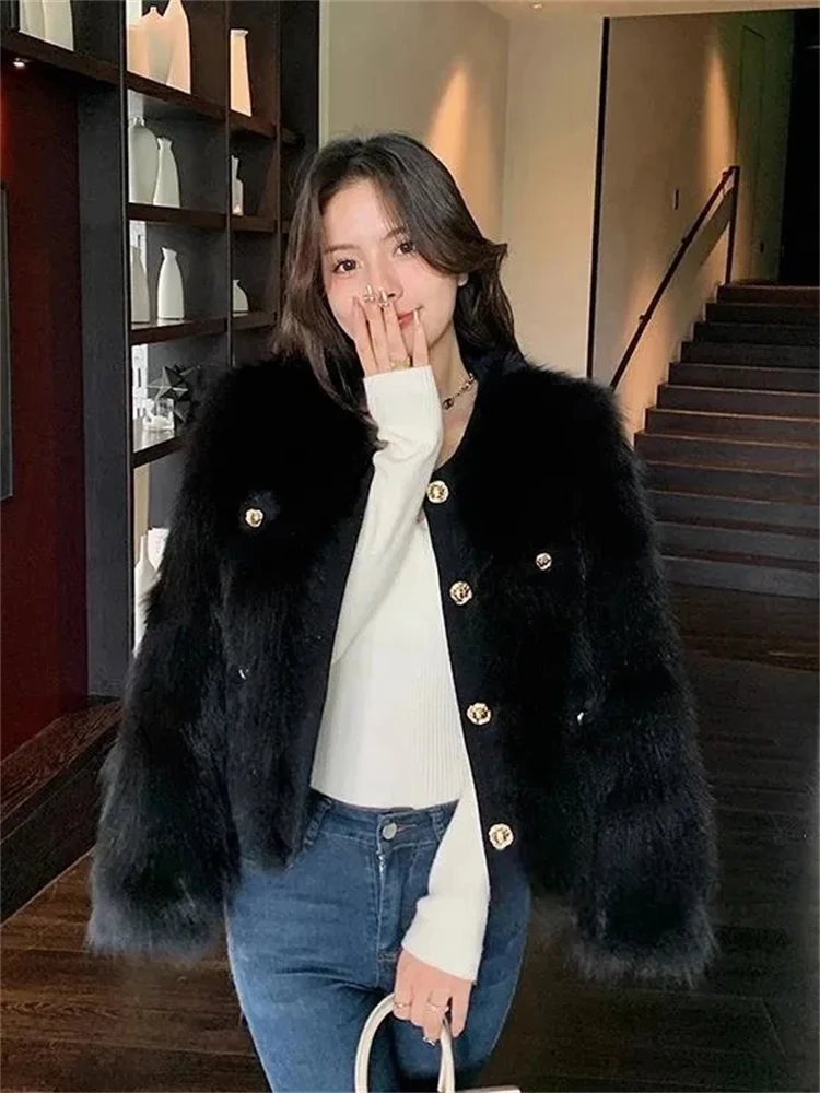 Korean Short Faux Fur Jackets Vintage Slim Imitate Fox Furs Coats Warm Fashion Fall Winter Outerwear Women Luxury Furry Chaqueta