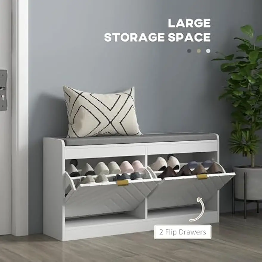 Shoe Bench, Entryway Bench with 2 Flip Drawers, Seating Cushion, and 2 Vents for 8 Pairs of Shoes for Hallway, White