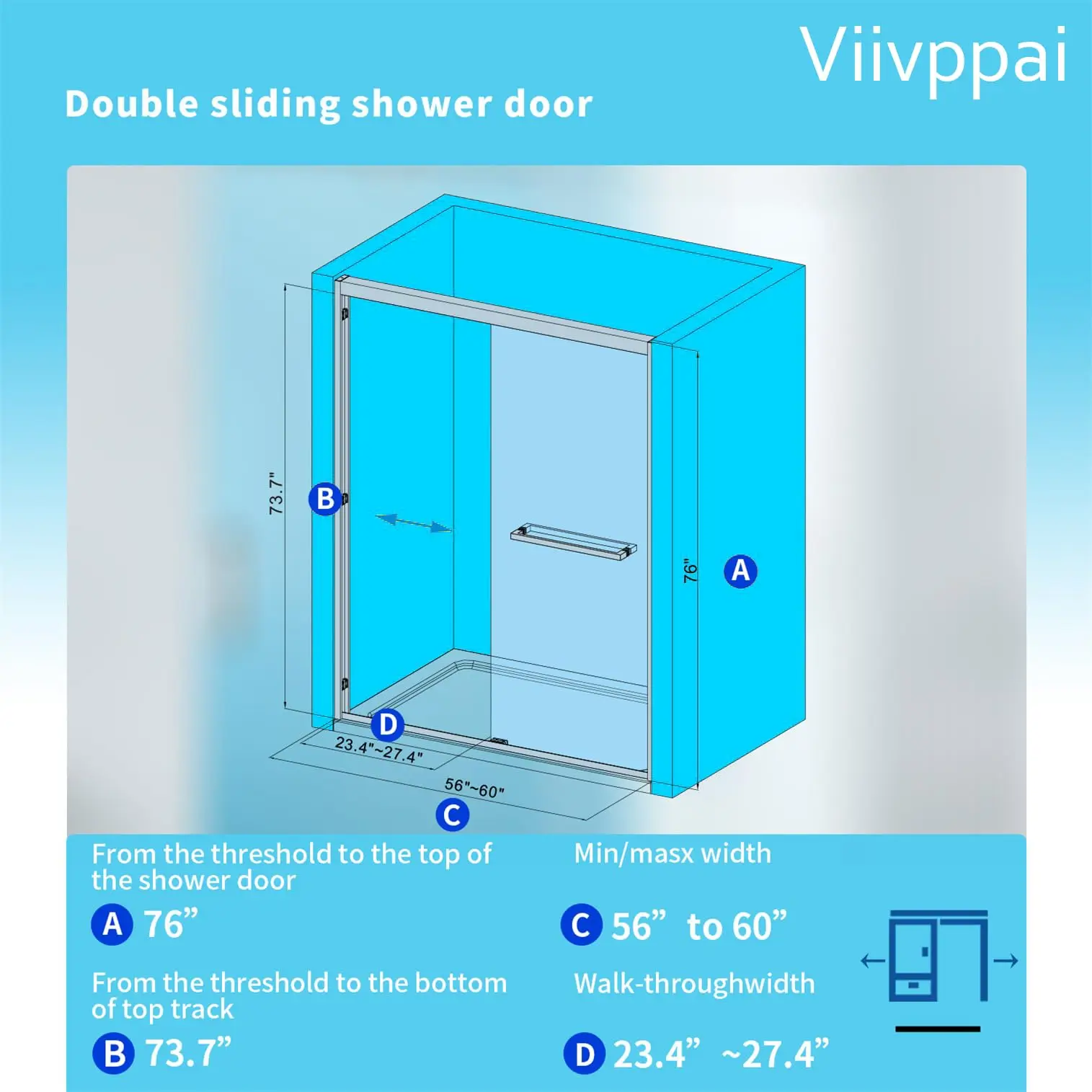 K01 - Shower Door 56-60 in. x 76 in. Double Sliding Shower Door, 5/16" (8mm) Clear Tempered Glass - Chrome 3