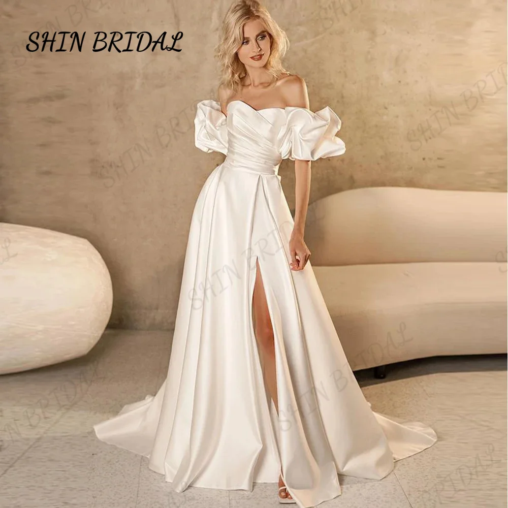 

Женское свадебное платье It's yiiya, белое ТРАПЕЦИЕВИДНОЕ платье с рукавами-фонариками и разрезом сбоку на лето 2024