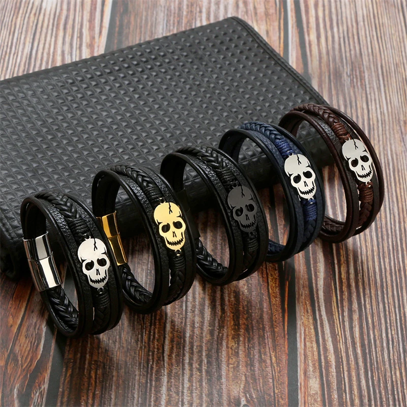 

2023 New Titanium Steel Skull Head Personalized Trend Multi layered Handwoven Leather Men's Stainless Steel Bracelet