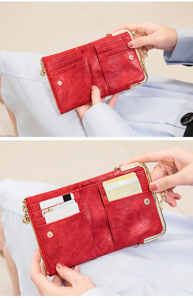 Neue Clip Damen Zero Wallet Retro Multifunktionale Doppelfalt-Lederbrieftasche mit mehreren Kartenfächern, Reißverschluss und Kussverschluss. – Detail 13