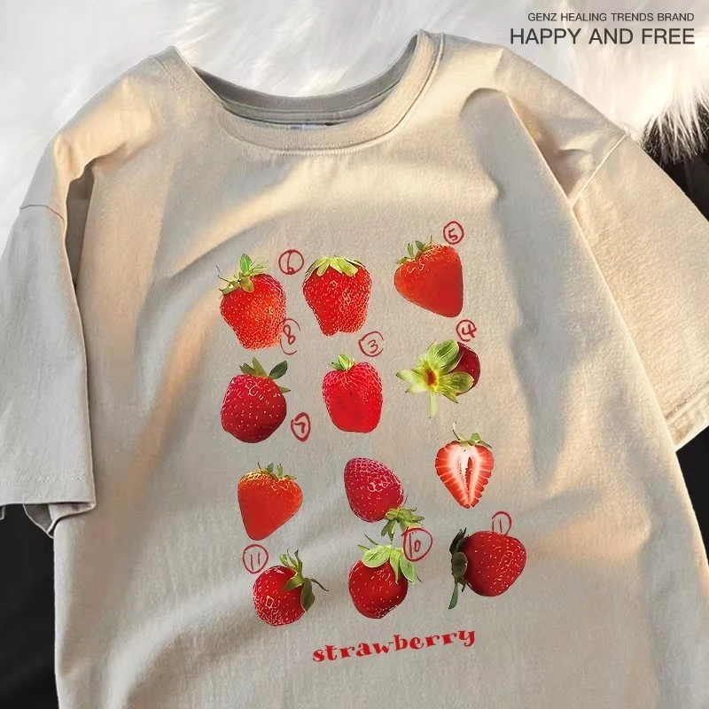 Strawberry Print Womens Summer T-Shirt - Harajuku Loose Fit Tee