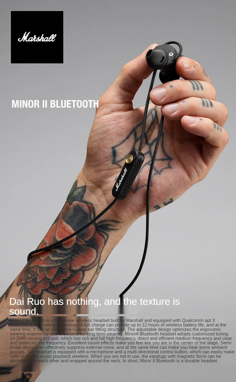 Original Marshall Minor II Wireless Bluetooth Earphone HIFI In-Ear Bass  Earbuds Sports Headset for Pop Rock Music with Microphon