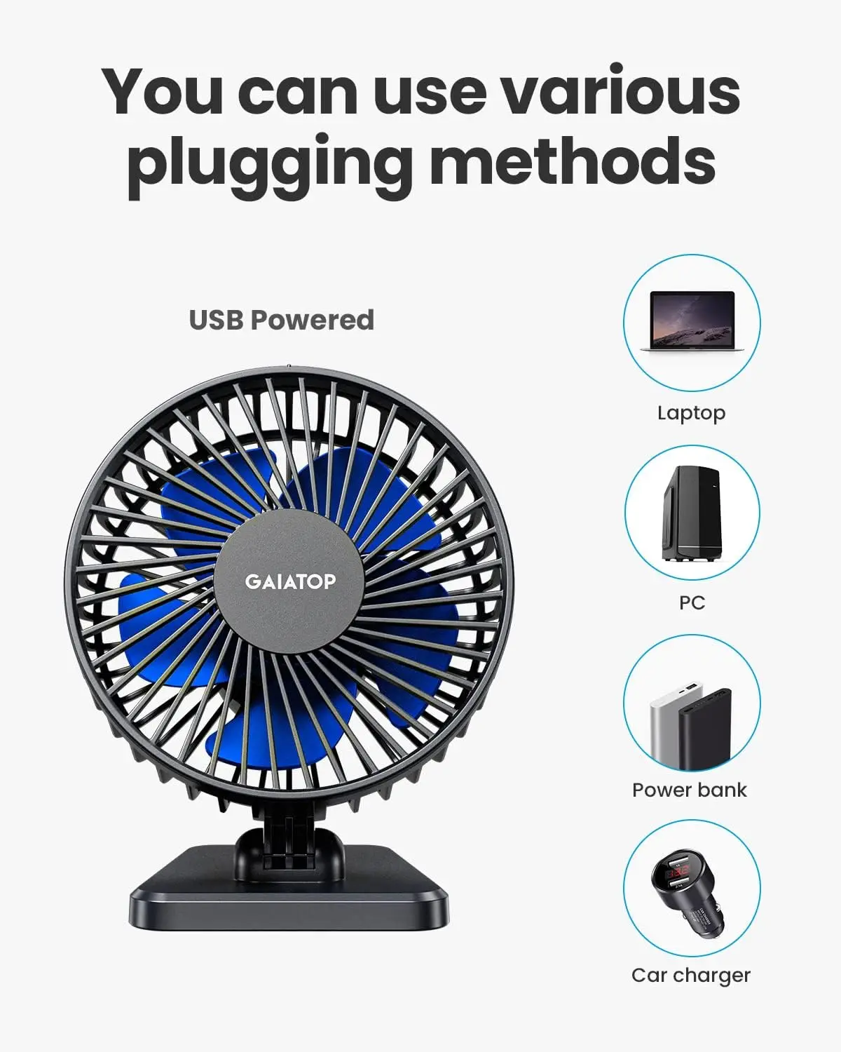USB-bureauventilator, klein maar krachtig, stil, 3 snelheden, verstelbare mini-tafelventilator voor thuis, kantoor, auto, zomer en op reis, blauw_voghion.com