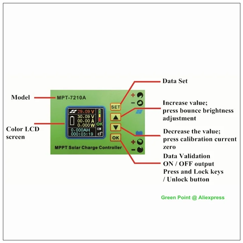 JUNTEK MPT-7210A LCD Display Solar Aluminum Alloy Panel Charge Controller 24/36/48/60/72V Boost Solar Battery Charge Controller 4