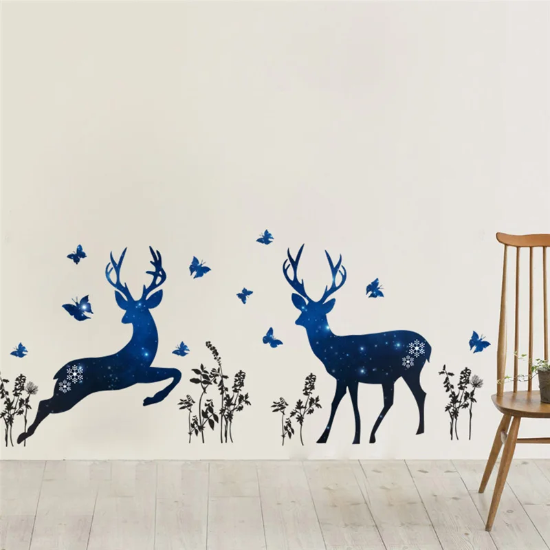 

Sika Deer With Butterfly Wall Sticker For Kids Room Decoration 3d View Mural Art Diy Pvc Home Decal Animal Poster