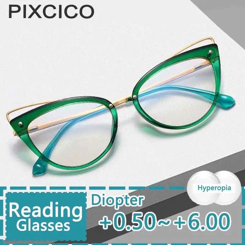 

R55060 Trendy New TR90 Women Cat Eye Presbyopia Fashionable Vintage Metal Blue Light Proof Prescription Mirror+50.+175.+225.+300