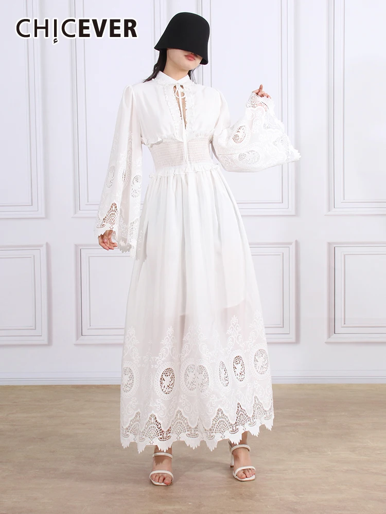

CHICEVER Elegant Dresses Hollow Out Dresses For Women Round Neck Flare Sleeve High Waist Solid Patchwork Lace Up Dress Female