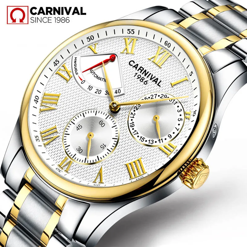 Carnival Brand New Fashion Energy Display Mechanical Watch for Men Stainless Steel Waterproof Calendar Mens Watches Reloj Hombre