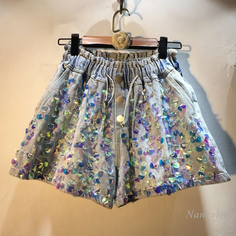 

2023 Summer European Goods New Heavy Handmade Beaded Shiny Sequins High Waist Slimming Wide-Leg Denim Shorts Women's Hot Pants