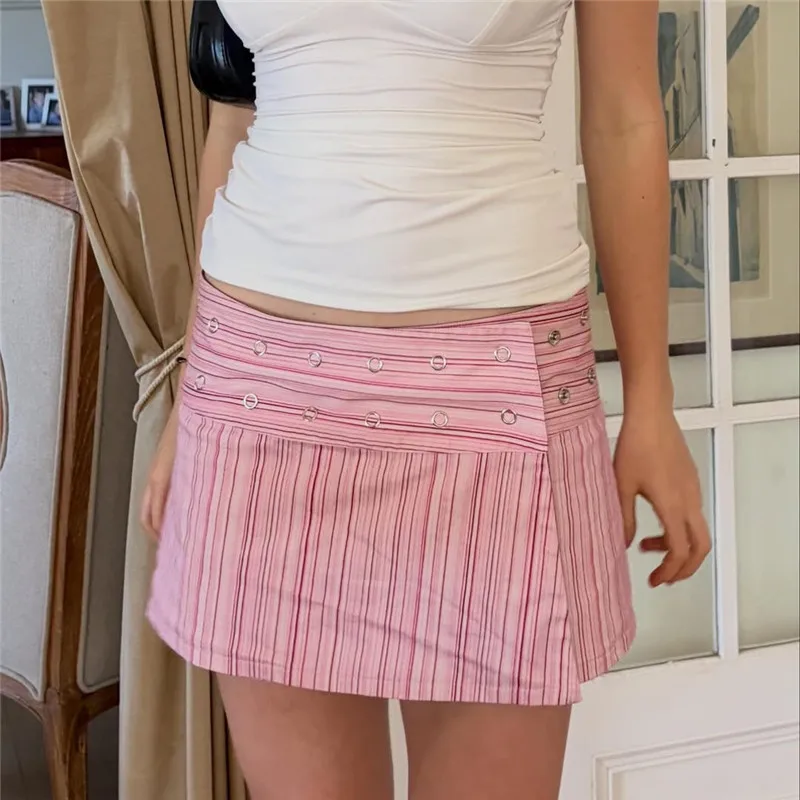 Women Y2K Striped Print Skirt Button Mid Rise Reversible Wrap Skirts Summer Going Out A Line Skirt Preppy Vintage Streetwear 1