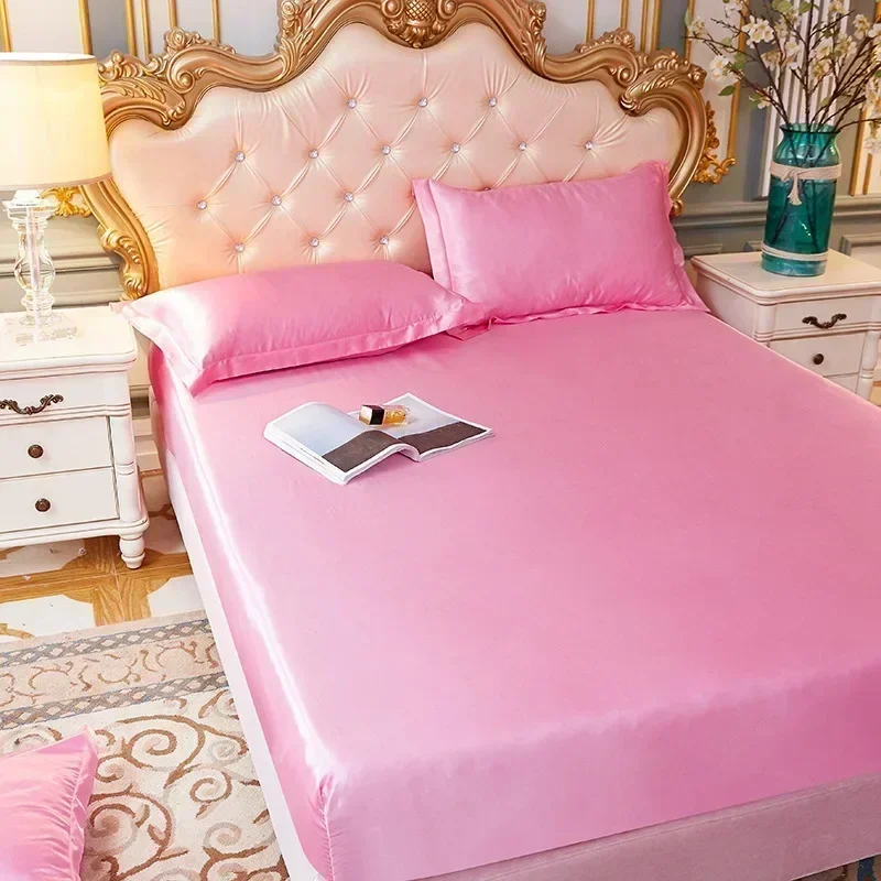 High End Satin Silky Fitted Bed Sheet Luxury Home Solid Single Double Bed Sheets Pillow Cases Elastic Band Mattress Cover Linens 4