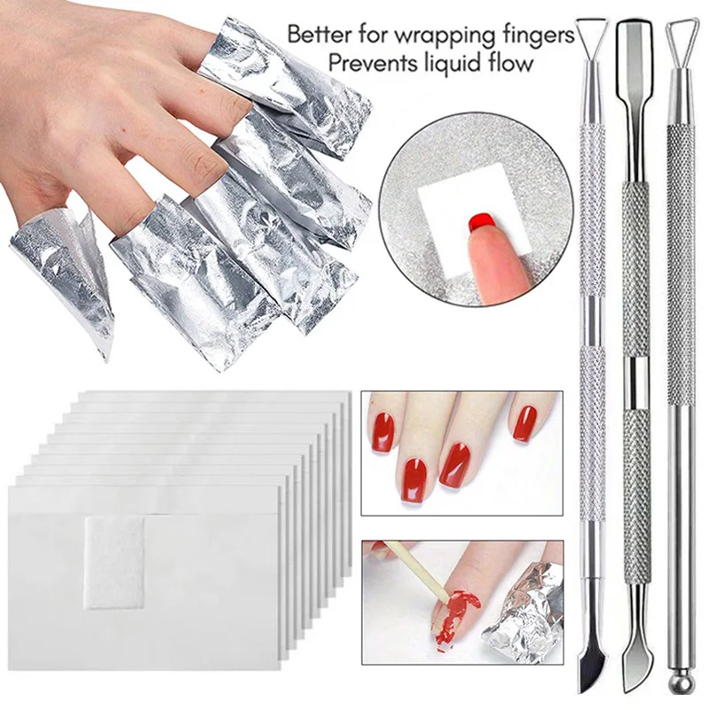 Aluminium Nail Foil Polish Remover with Acetone UV Gel Cleaner Wrap Paper With Cuticle Pushers Manicure Removal Accessories