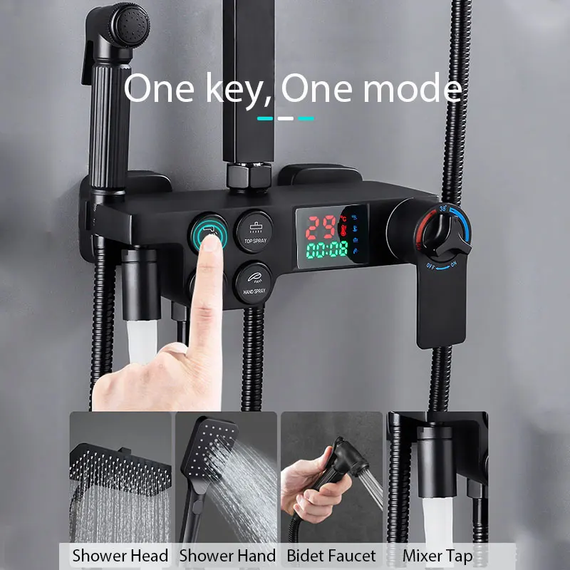 ULGKSD Thermostatic Shower Set Faucet For Full Bathroom Rainfall Mixer Tap LCD Digital Display 4 Ways Shower Systems shower head shower set