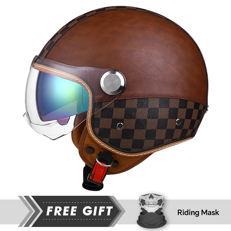 DOT Handmade Leather Men's Open Face Motorcycle Helmets Electric